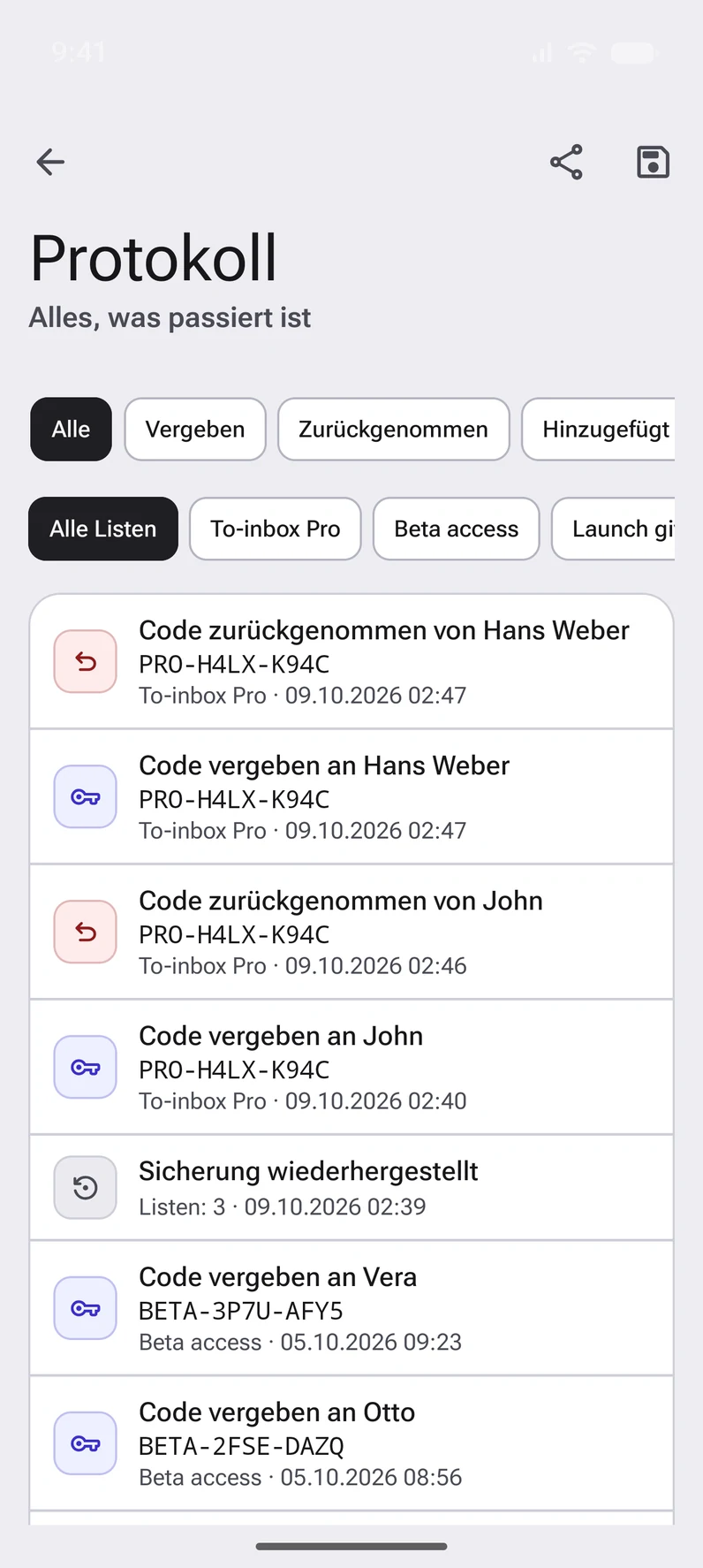 Das Protokoll: vergebene, zurückgenommene und hinzugefügte Codes, mit Datum und Uhrzeit