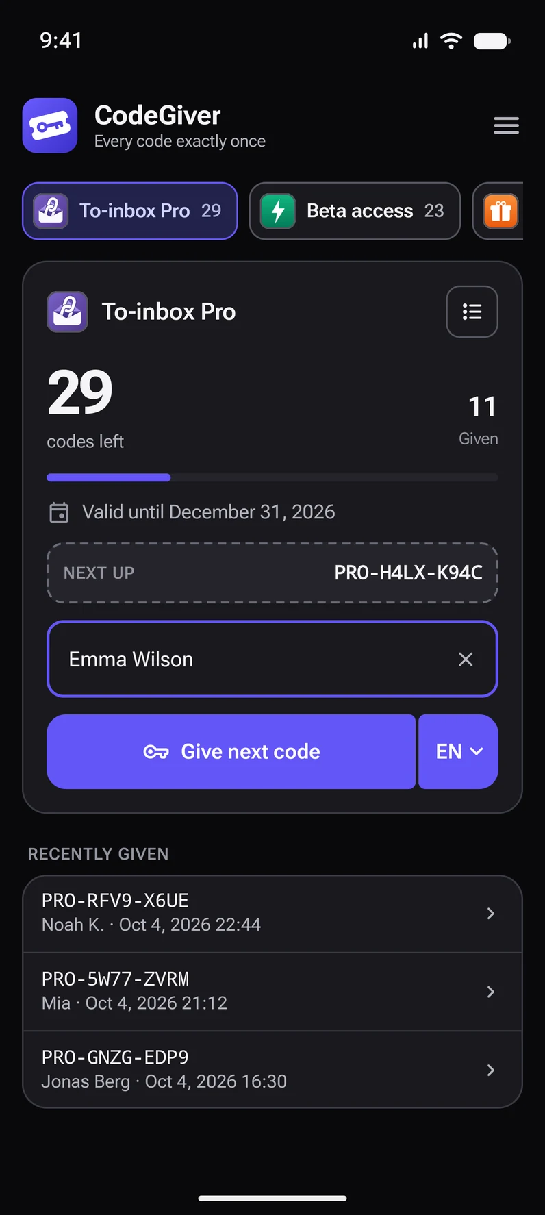 The CodeGiver home screen: a list with 29 codes left and the button to give the next code