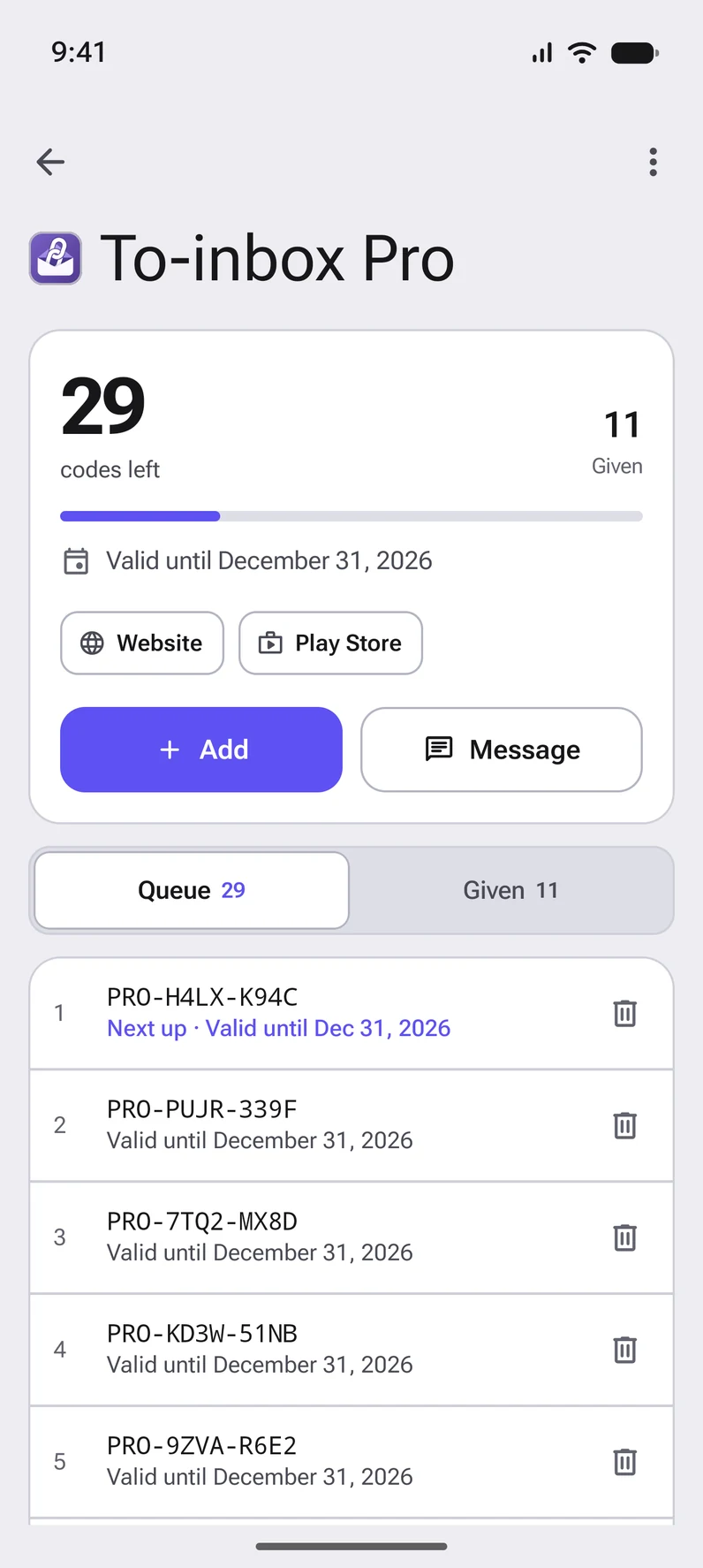 A list in CodeGiver: the queue with the next codes and their end date
