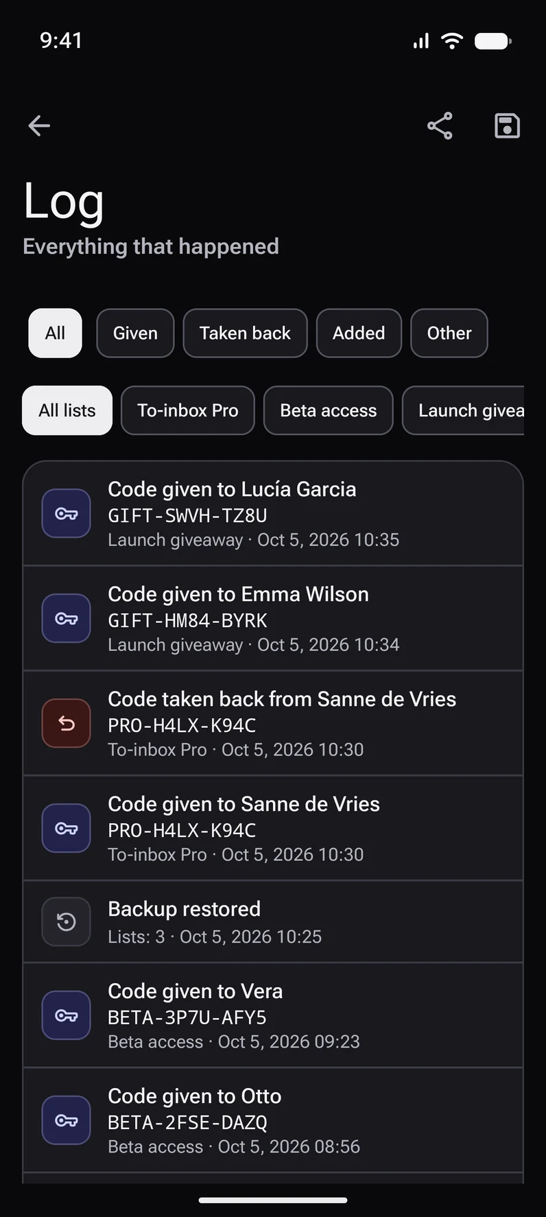 The log: codes given, taken back and added, with date and time