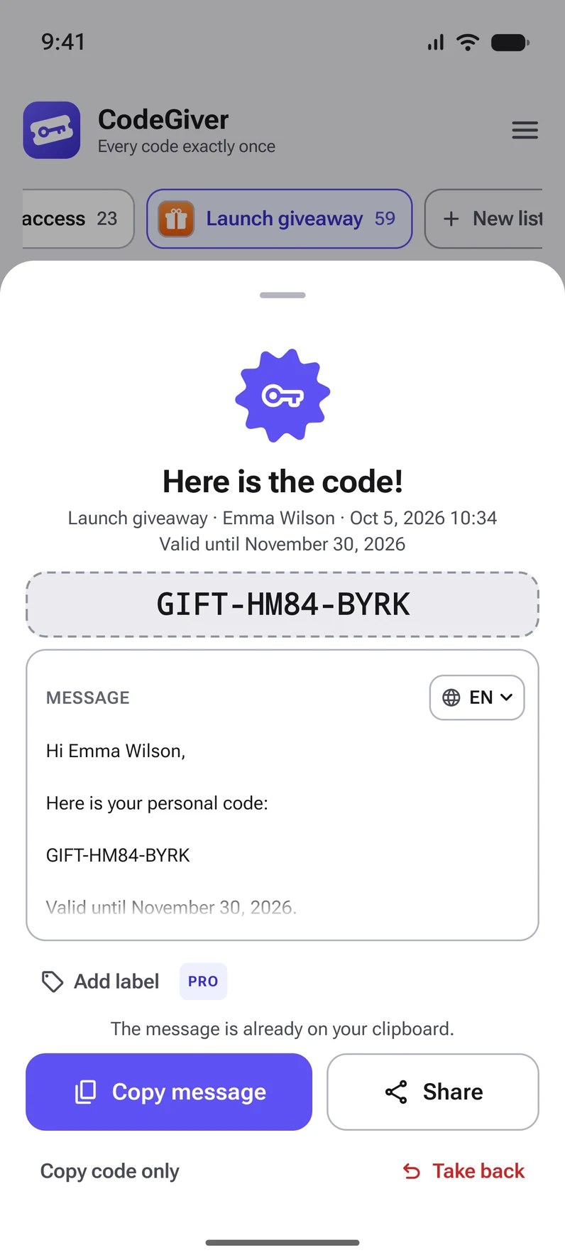 A code that was just given, with the message ready to copy