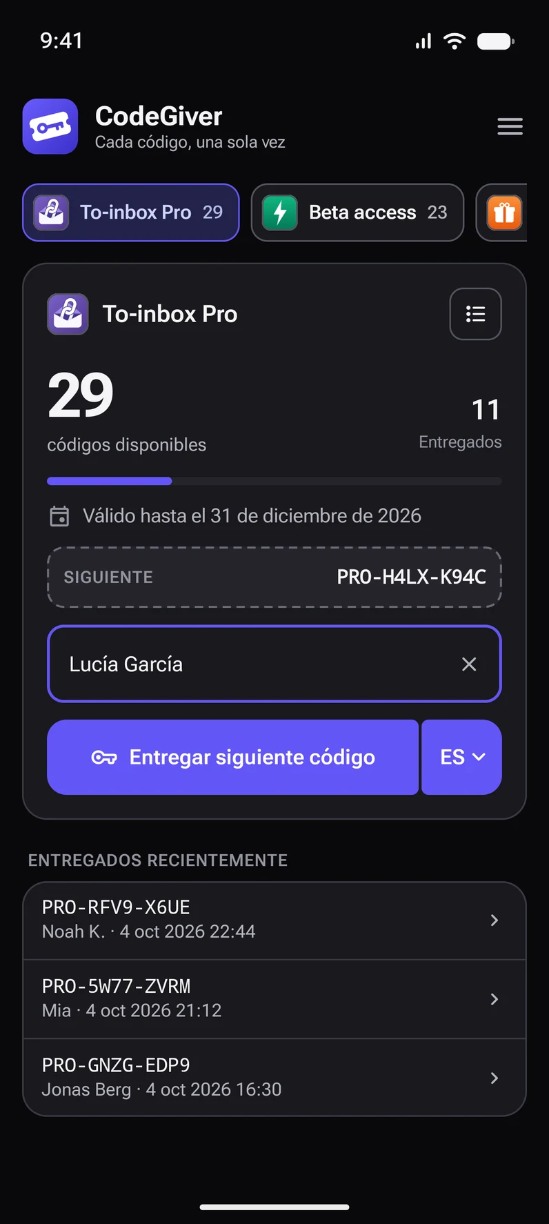 La pantalla principal de CodeGiver: una lista con 29 códigos disponibles y el botón para entregar el siguiente