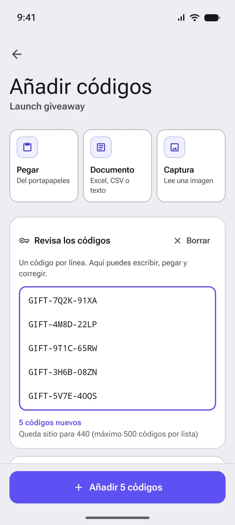 Añadir códigos pegándolos o leyéndolos de un documento