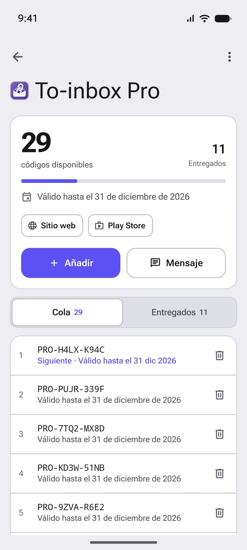 Una lista en CodeGiver: la cola con los siguientes códigos y su fecha límite