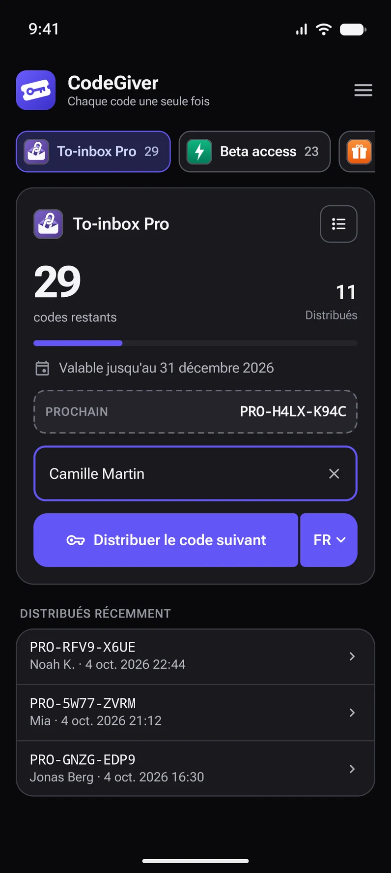 L'écran d'accueil de CodeGiver : une liste avec 29 codes restants et le bouton pour distribuer le code suivant