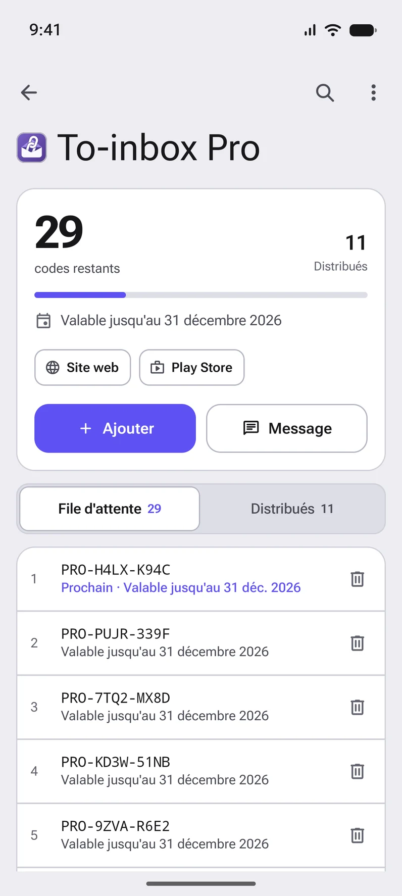 Une liste dans CodeGiver : la file d'attente avec les codes suivants et leur date de fin