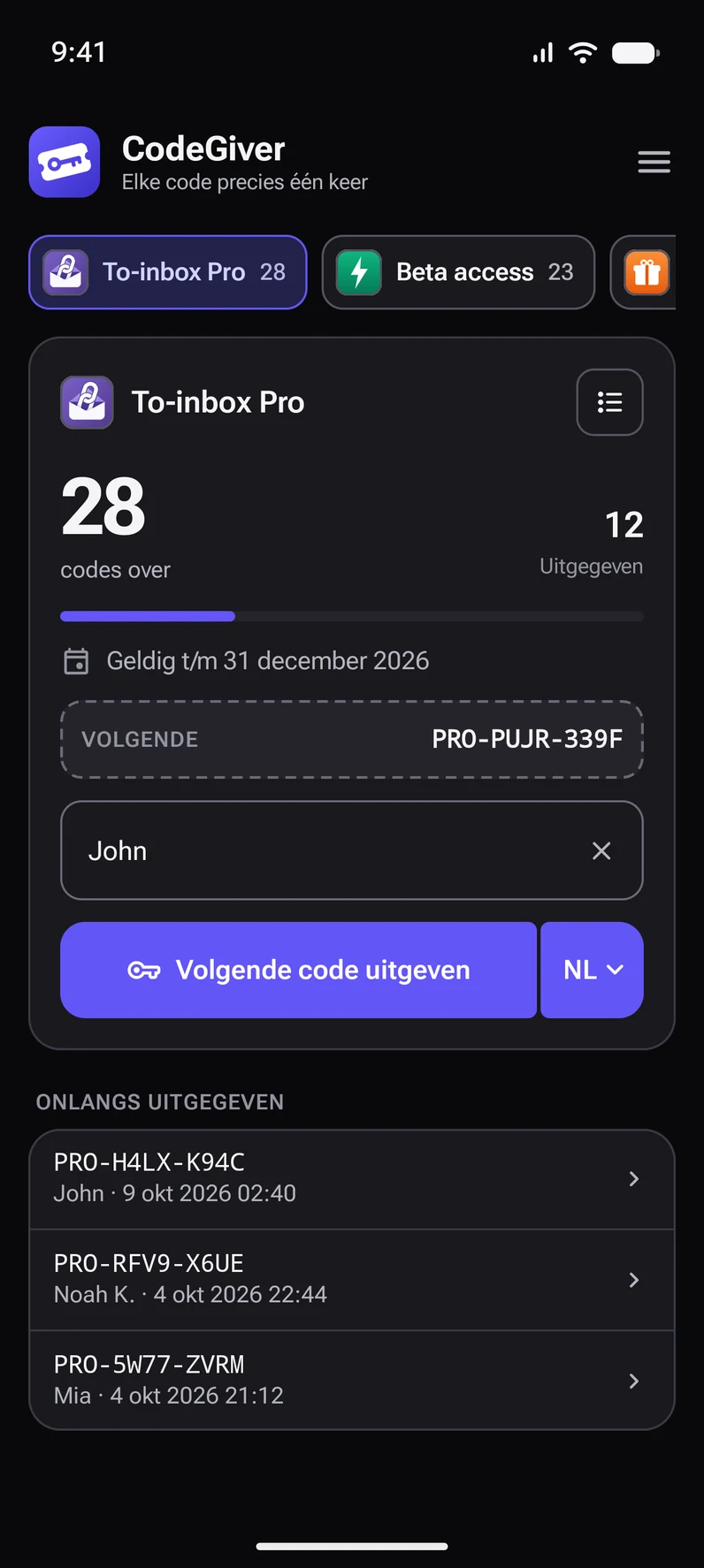 Het hoofdscherm van CodeGiver: een lijst met nog 29 codes en de knop om de volgende code uit te geven