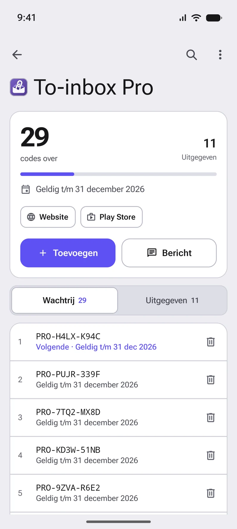 Een lijst in CodeGiver: de wachtrij met de volgende codes en hun einddatum