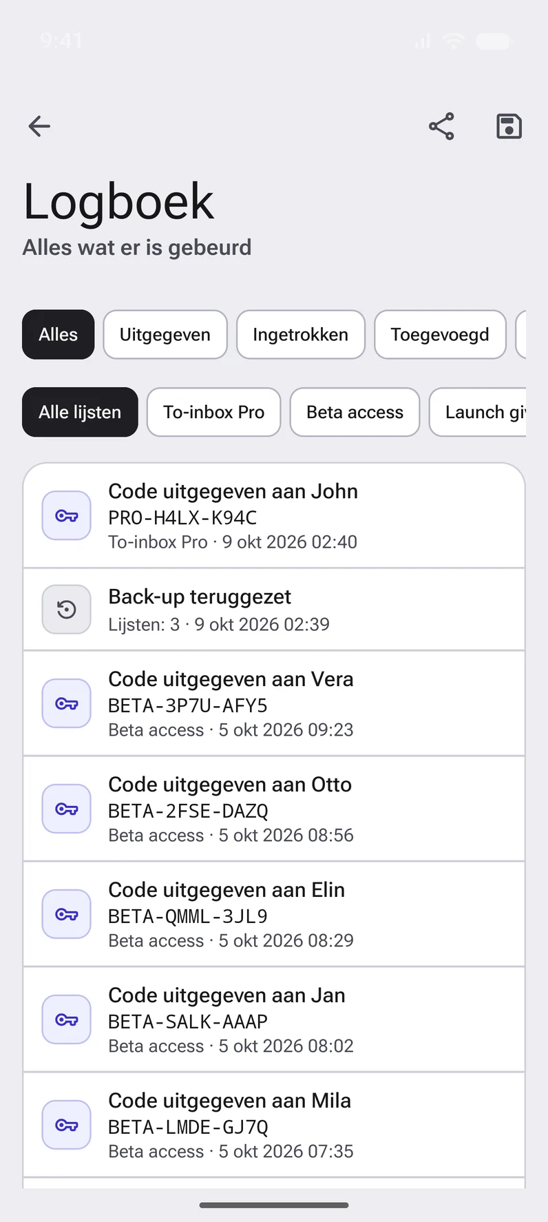 Het logboek: uitgegeven, ingetrokken en toegevoegde codes, met datum en tijd