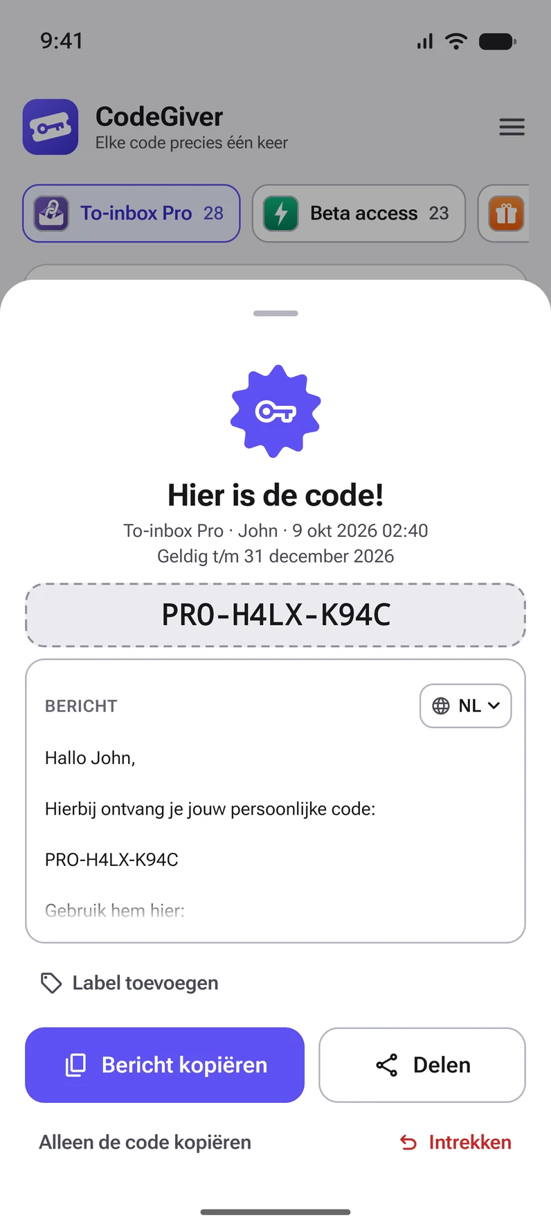 Een zojuist uitgegeven code, met het bericht klaar om te kopiëren