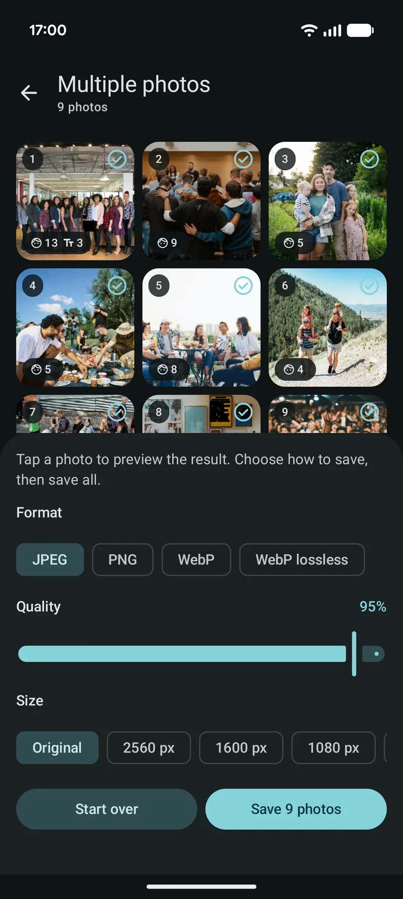 Many photos at once: faces and text found in every photo