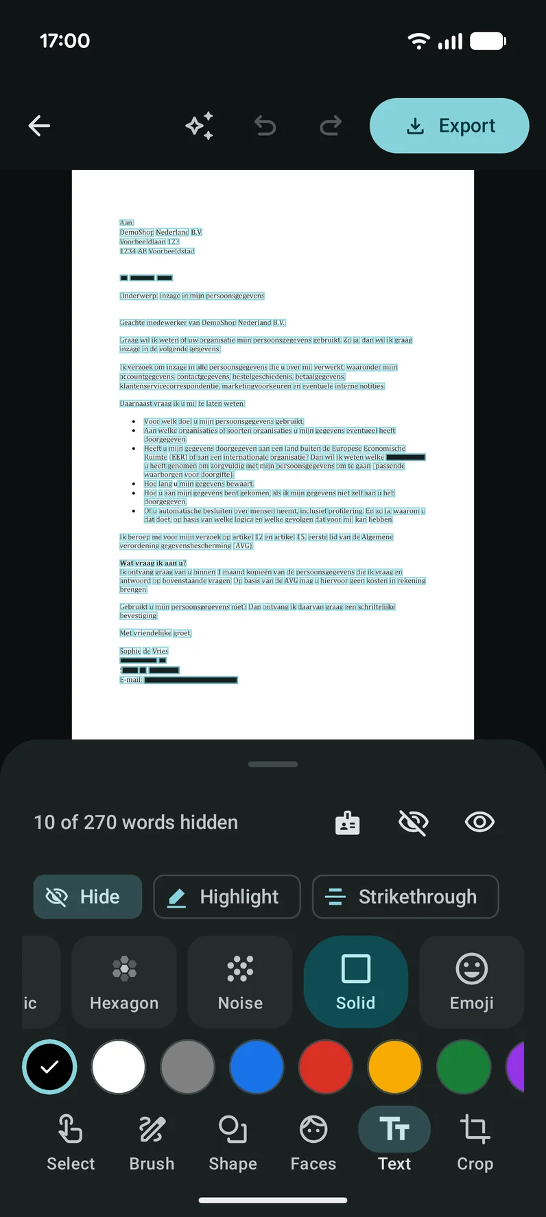 A document with the found words hidden behind black bars