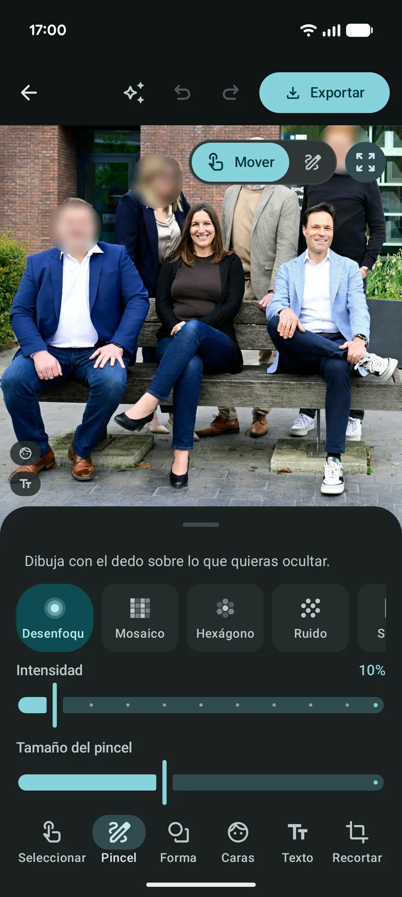 El editor de Omit: una foto con zonas ocultas y las herramientas abajo