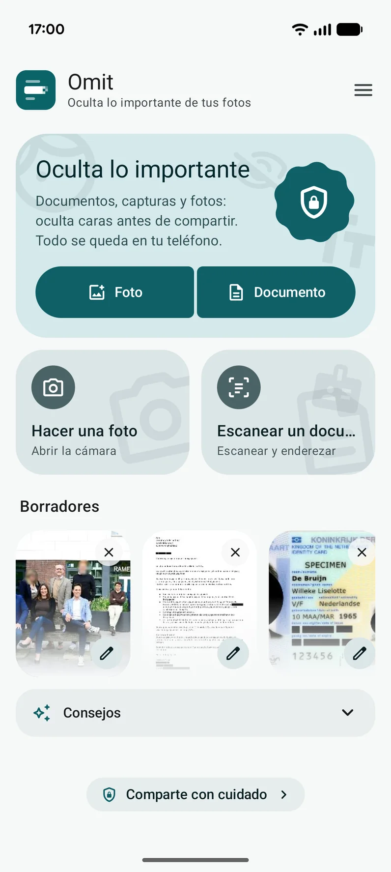 La pantalla de inicio de Omit: elige una foto o un documento, haz una foto o escanea un documento