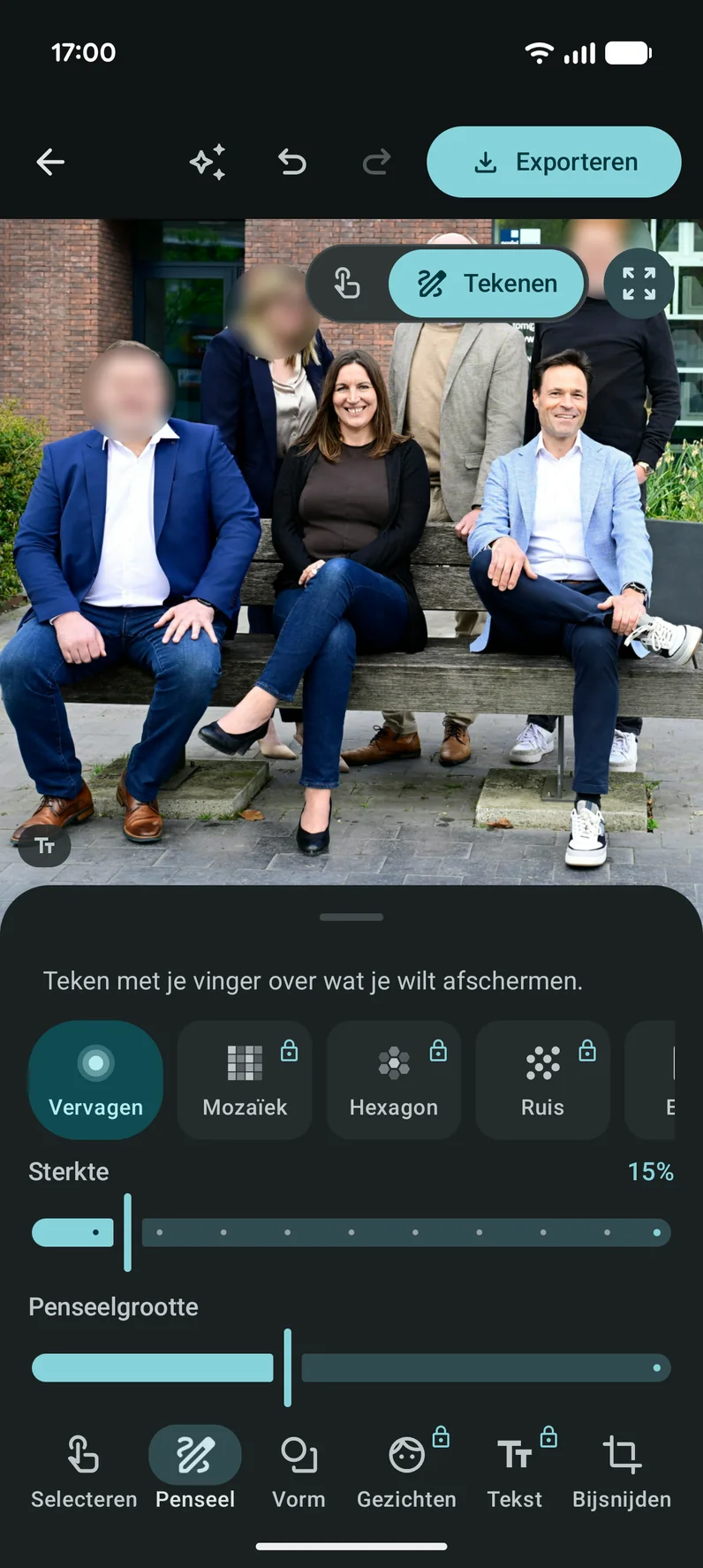 De editor van Omit: een foto met afgeschermde gebieden en de gereedschappen onderaan