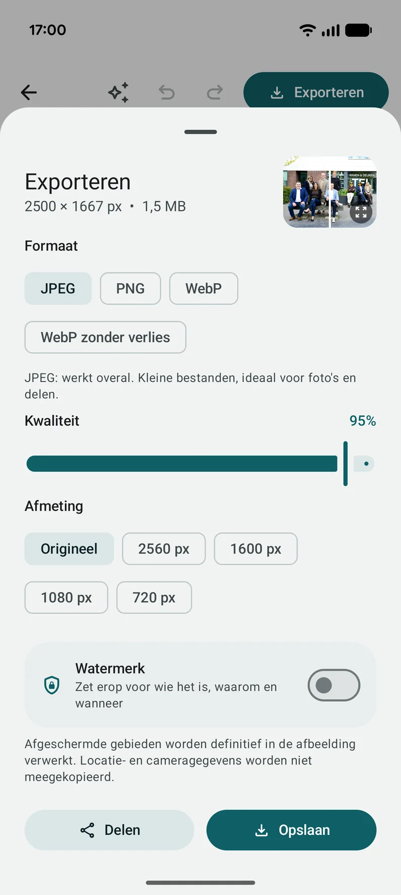 Het exportvenster: formaat, kwaliteit en afmeting, met een voor-en-nu-vergelijking