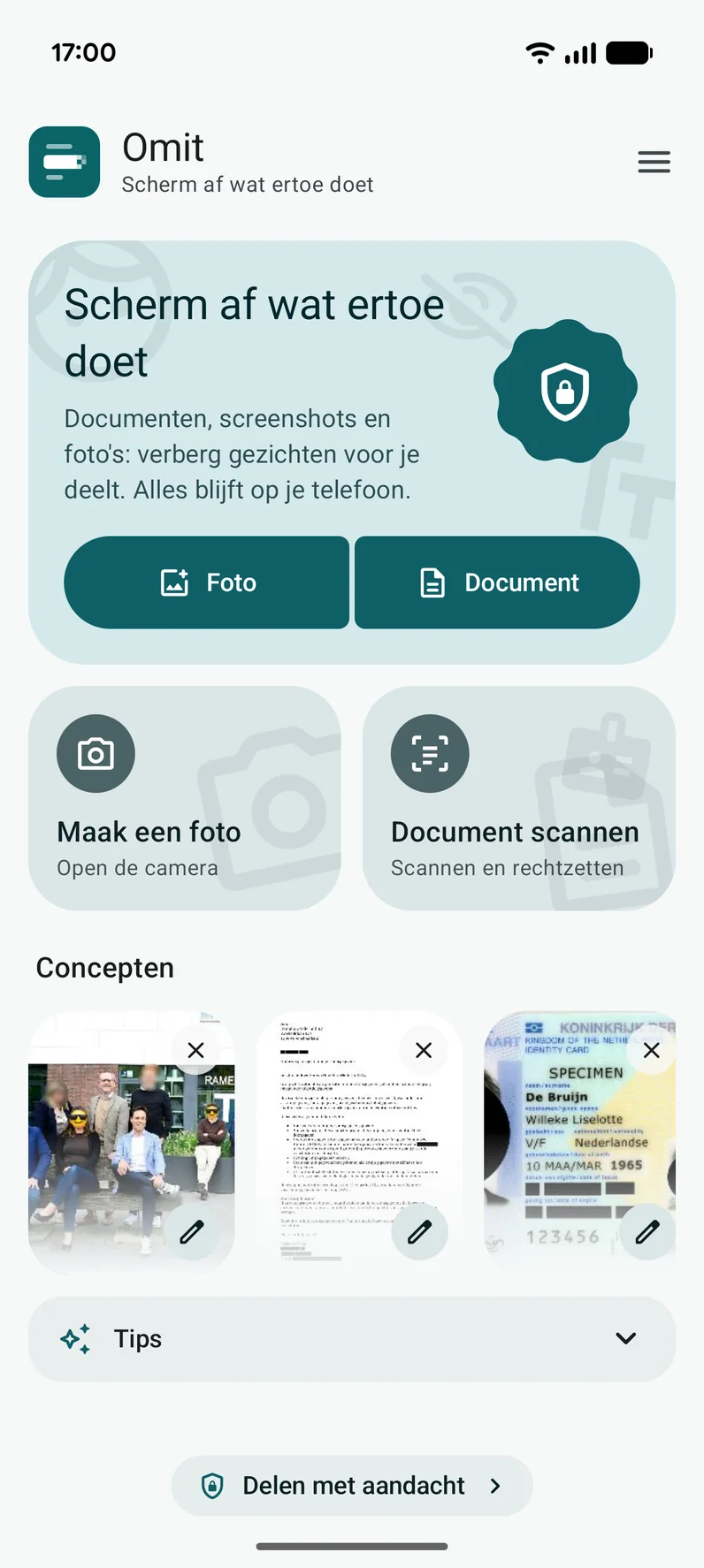 Het beginscherm van Omit: kies een foto of document, maak een foto of scan een document