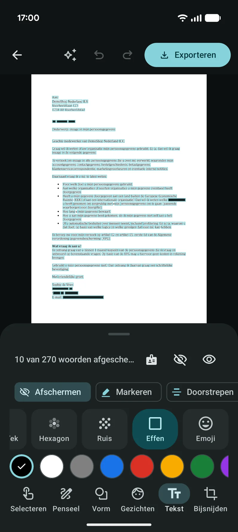 Een document met de gevonden woorden achter zwarte balken