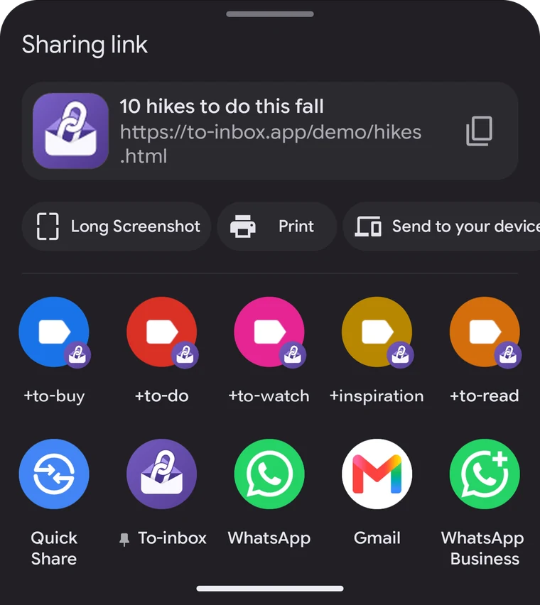 The Android share menu with To-inbox and your labels at the top