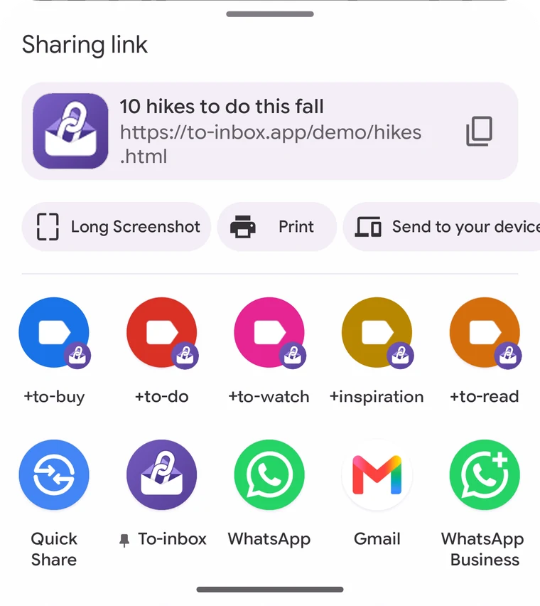 The Android share menu with To-inbox and your labels at the top