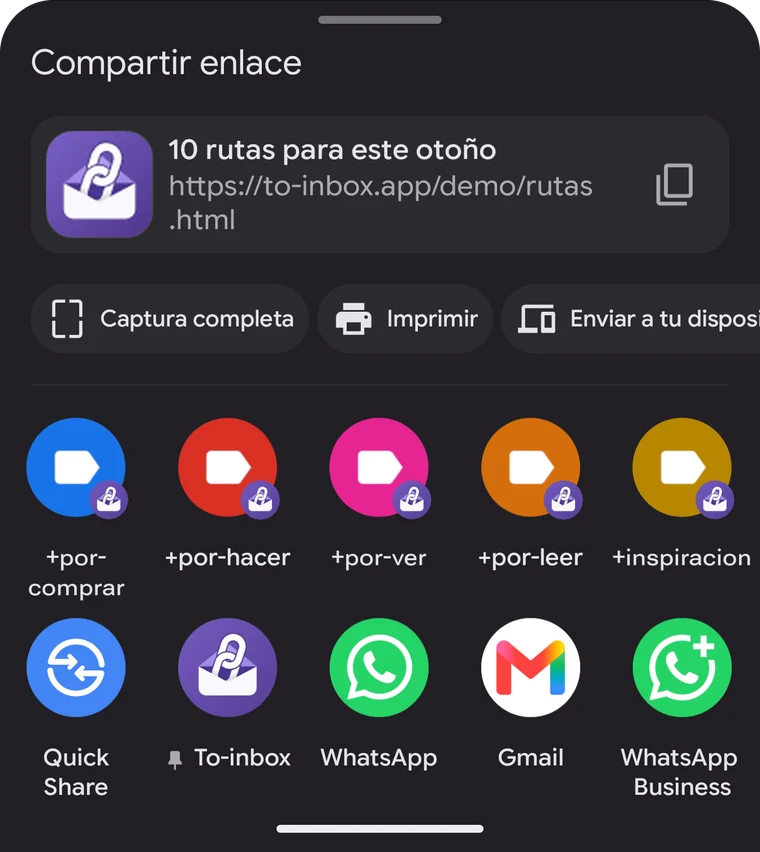 El menú de compartir de Android con To-inbox y tus etiquetas arriba