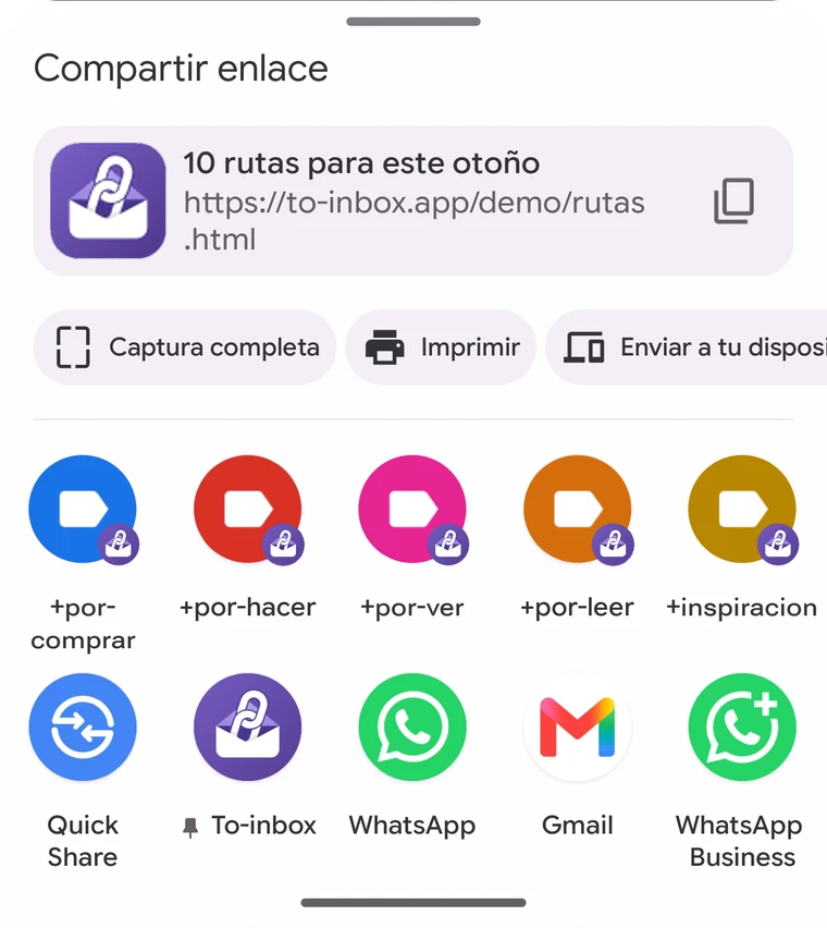 El menú de compartir de Android con To-inbox y tus etiquetas arriba