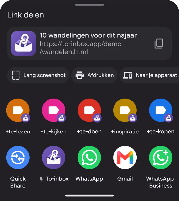 Het Android-deelmenu met To-inbox en je labels bovenaan