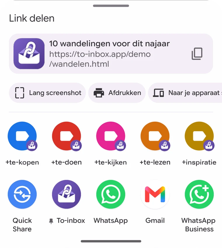 Het Android-deelmenu met To-inbox en je labels bovenaan