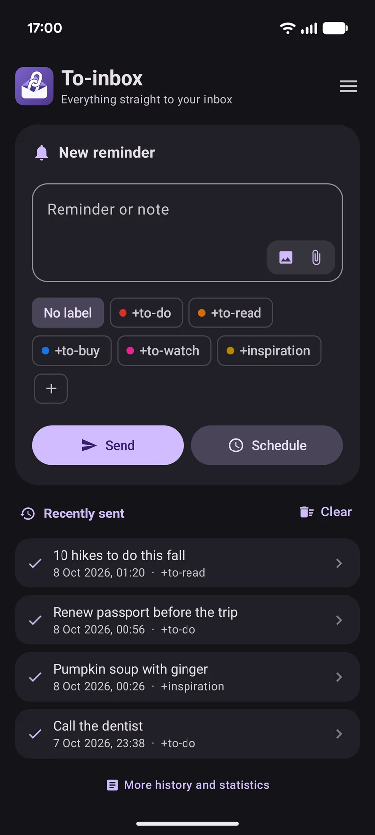 The To-inbox home screen in the light theme: a new reminder with labels and the recently sent items