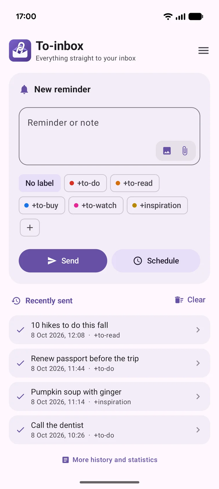 The To-inbox home screen in the light theme: a new reminder with labels and the recently sent items