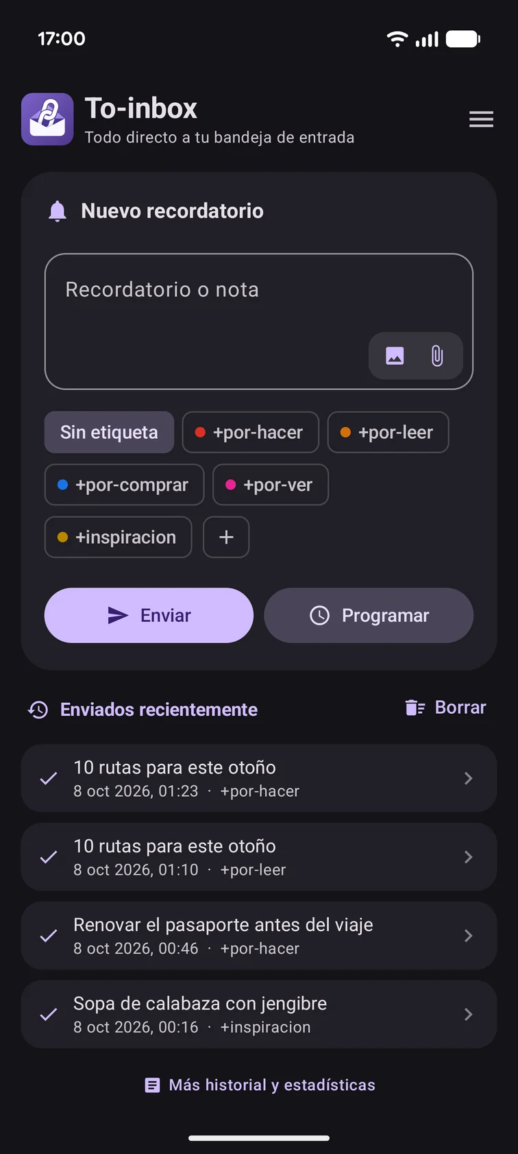La pantalla de inicio de To-inbox en el tema claro: un nuevo recordatorio con etiquetas y los elementos enviados recientemente