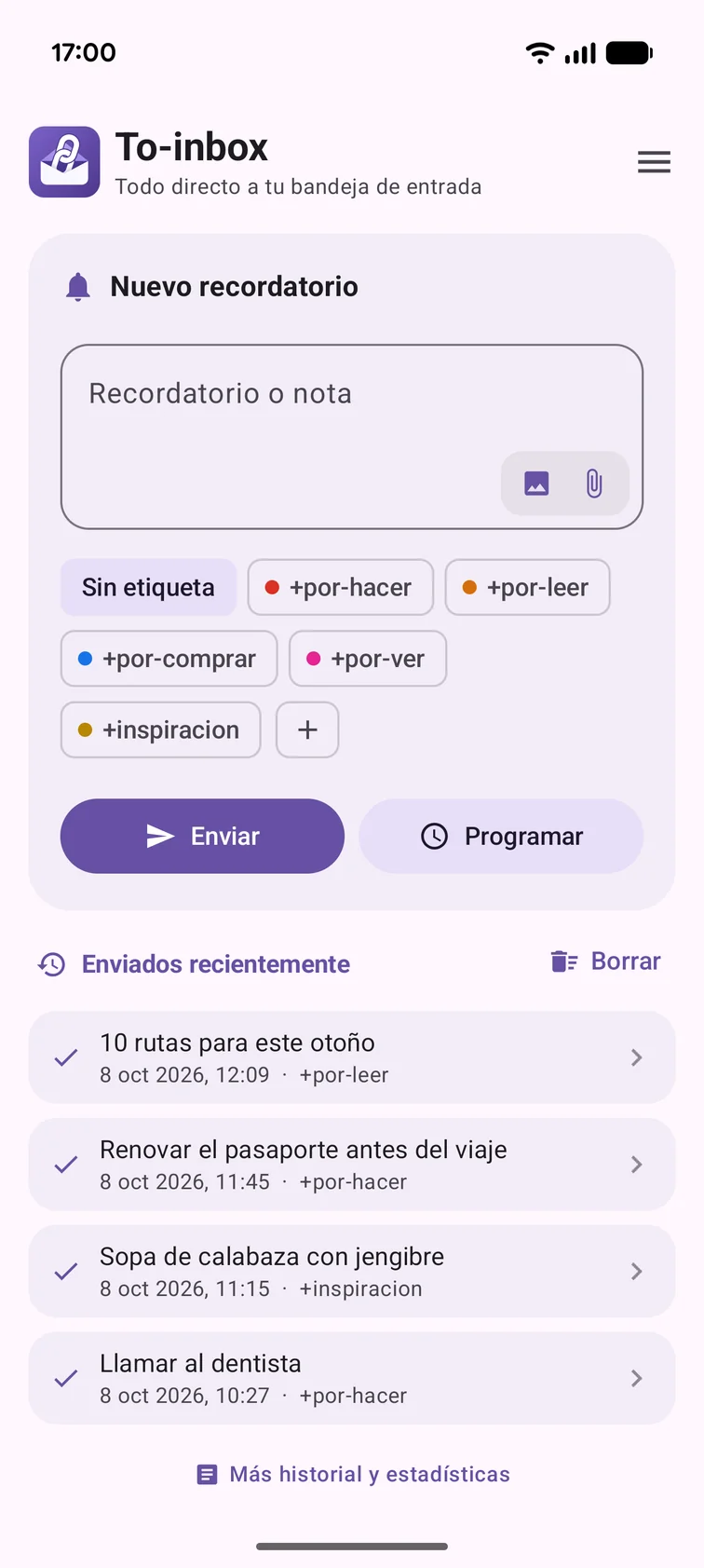 La pantalla de inicio de To-inbox en el tema claro: un nuevo recordatorio con etiquetas y los elementos enviados recientemente