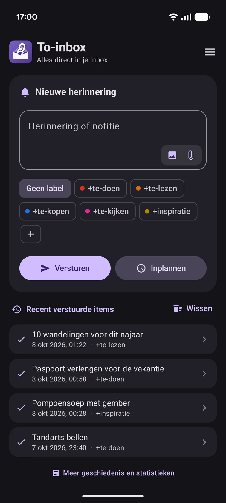 Het beginscherm van To-inbox in het lichte thema: een nieuwe herinnering met labels en de recent verstuurde items