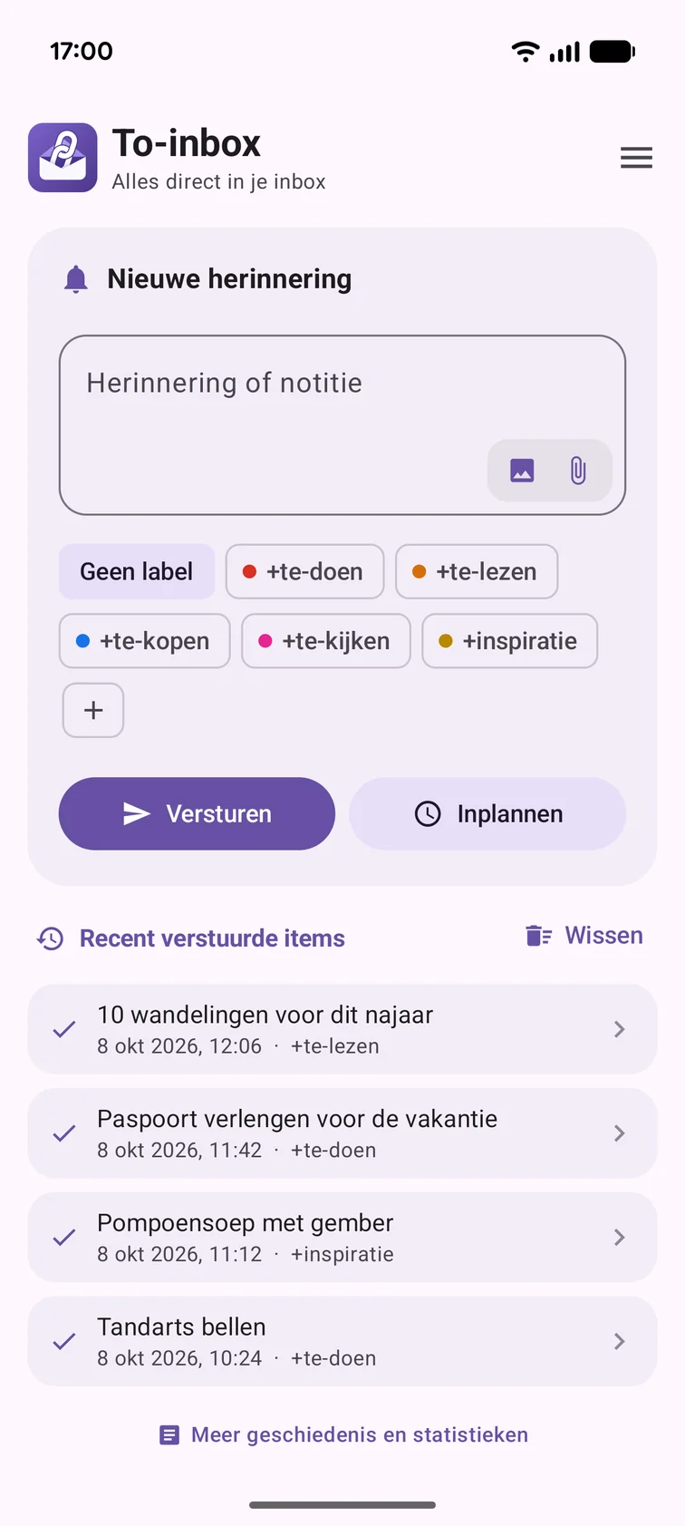 Het beginscherm van To-inbox in het lichte thema: een nieuwe herinnering met labels en de recent verstuurde items