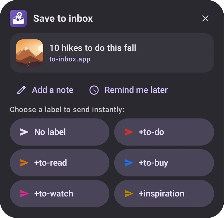 The To-inbox share card with a preview and your labels