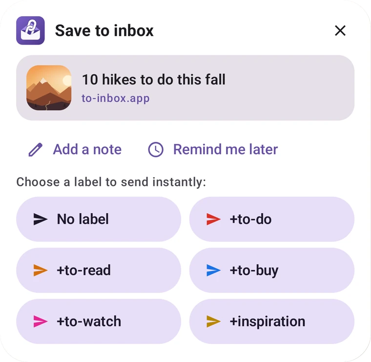The To-inbox share card with a preview and your labels