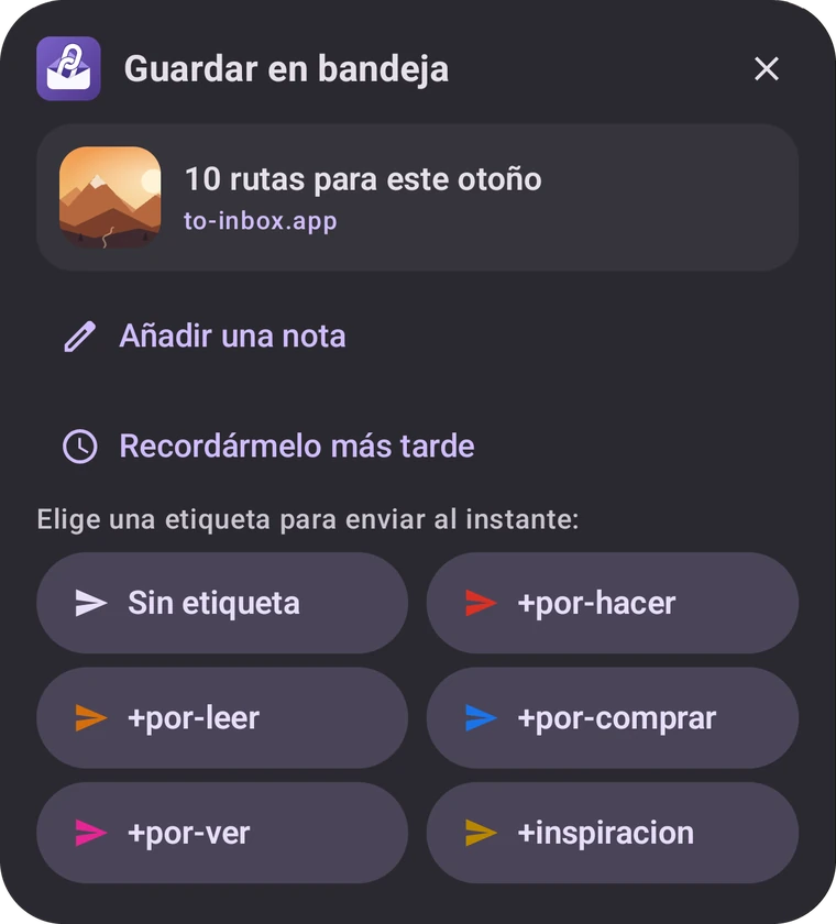 La tarjeta de To-inbox con vista previa y tus etiquetas