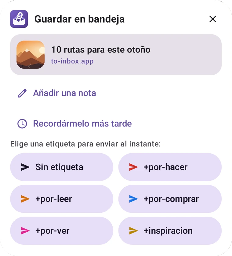 La tarjeta de To-inbox con vista previa y tus etiquetas