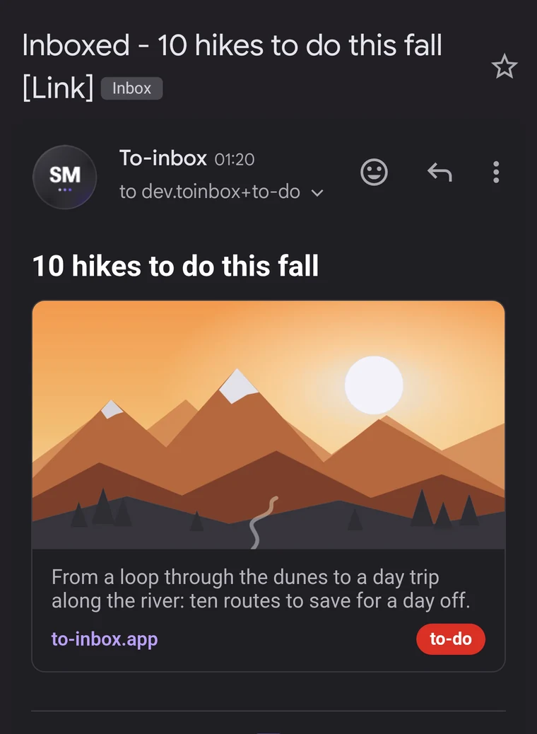 The received email in Gmail with link preview and label