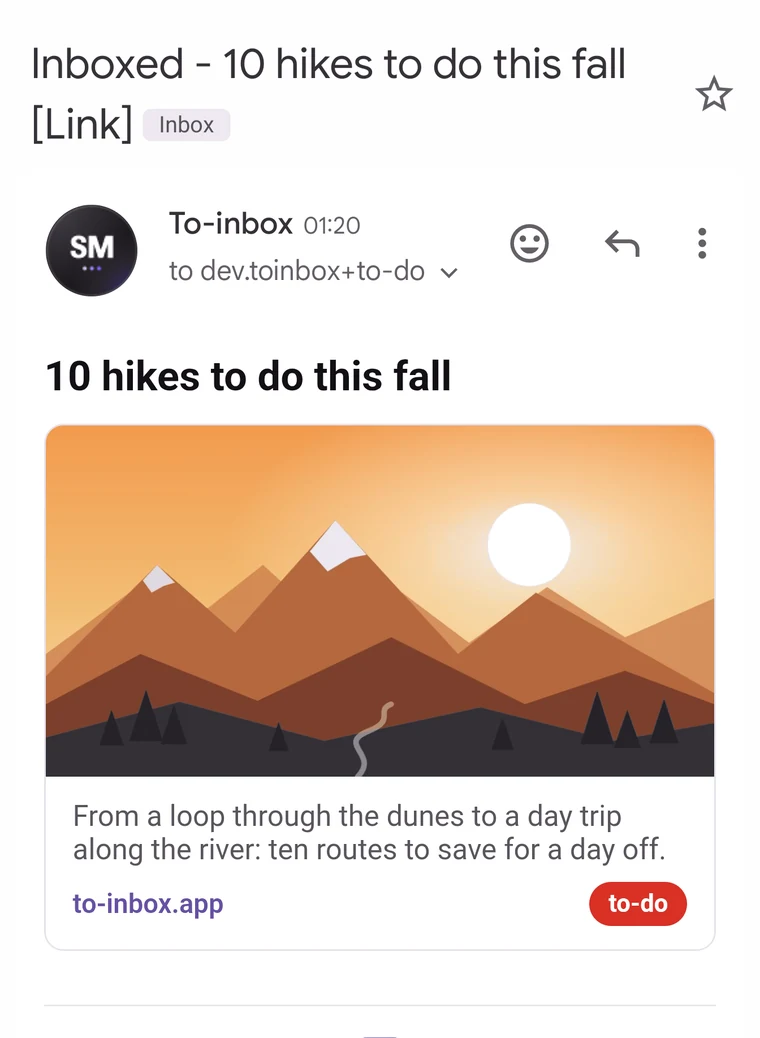 The received email in Gmail with link preview and label