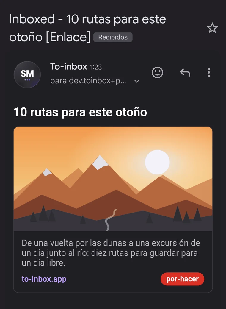 El correo recibido en Gmail con vista previa y etiqueta