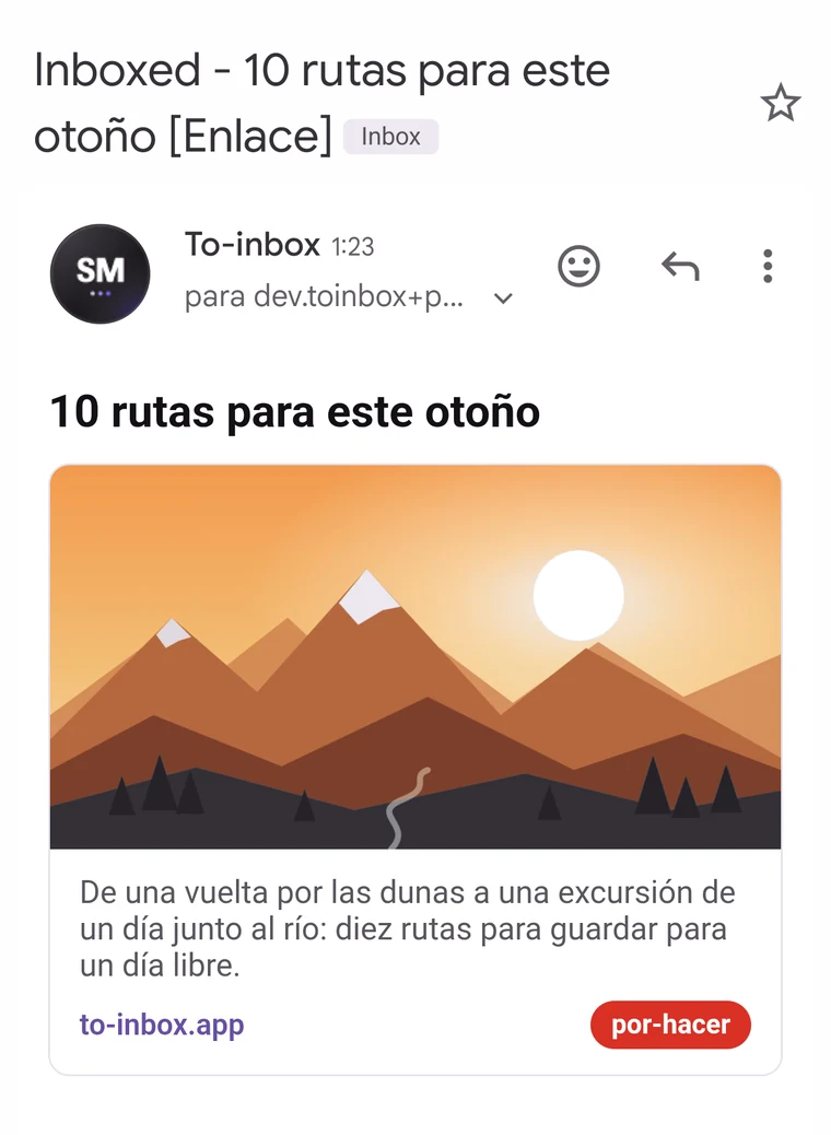 El correo recibido en Gmail con vista previa y etiqueta