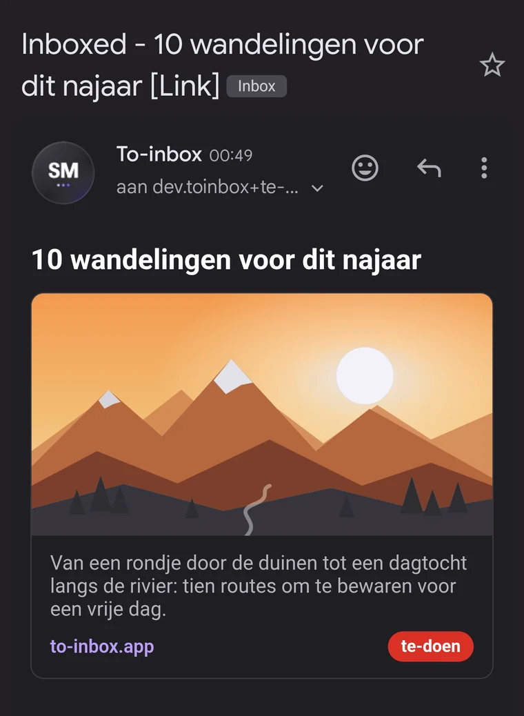 De ontvangen mail in Gmail met linkvoorbeeld en label