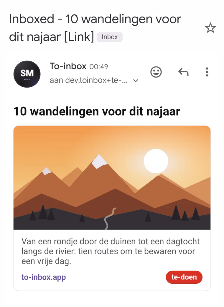De ontvangen mail in Gmail met linkvoorbeeld en label